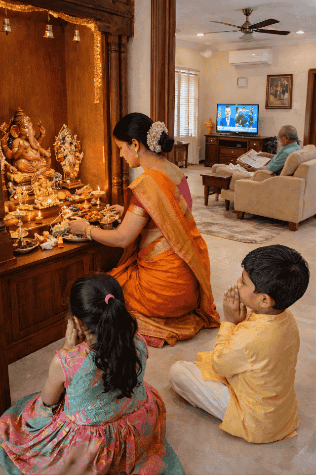Vastu aligned pooja room inside modern Indian home with family spaces designed for harmony in Whitefield and Sarjapur