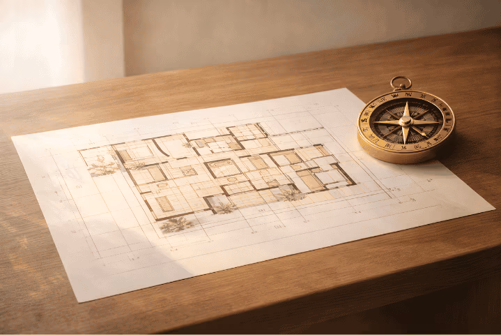 Vastu aligned architectural floor plan with directional compass for home design in Hosur Road, Electronic City, Sarjapur, Whitefield, Hoskote, North Bangalore, Hosur and Shoolagiri
