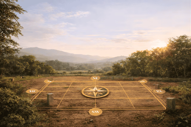 Vastu plot alignment in Bangalore showing Bhoomi Shastra grid marking for residential home planning