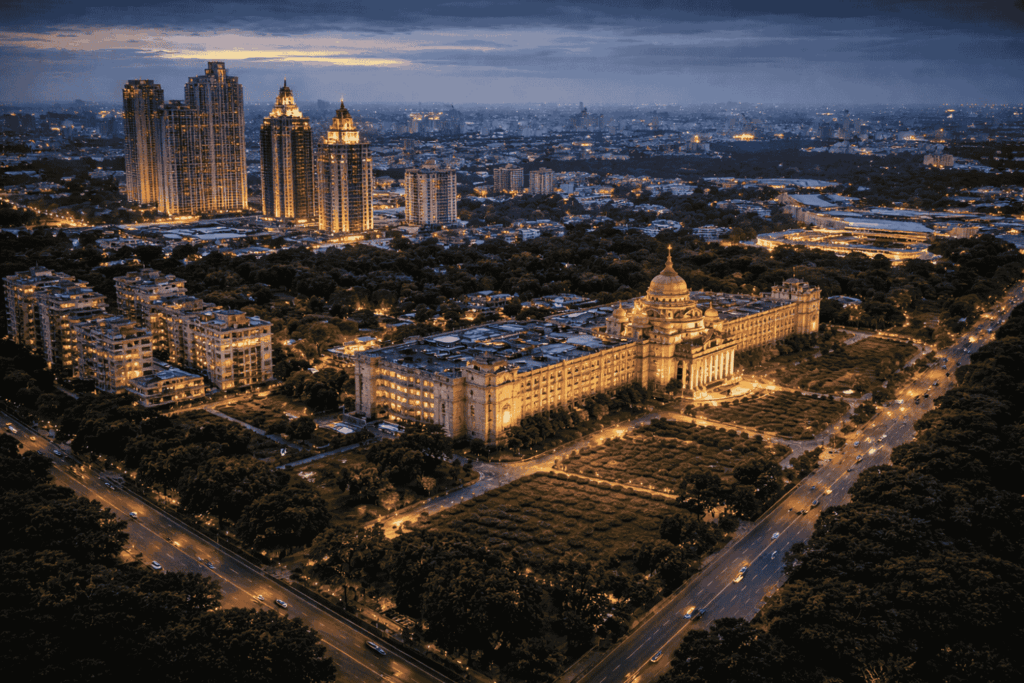 Vastu Consultant Bangalore – Bengaluru skyline with Vidhana Soudha, high-rise apartments and villas