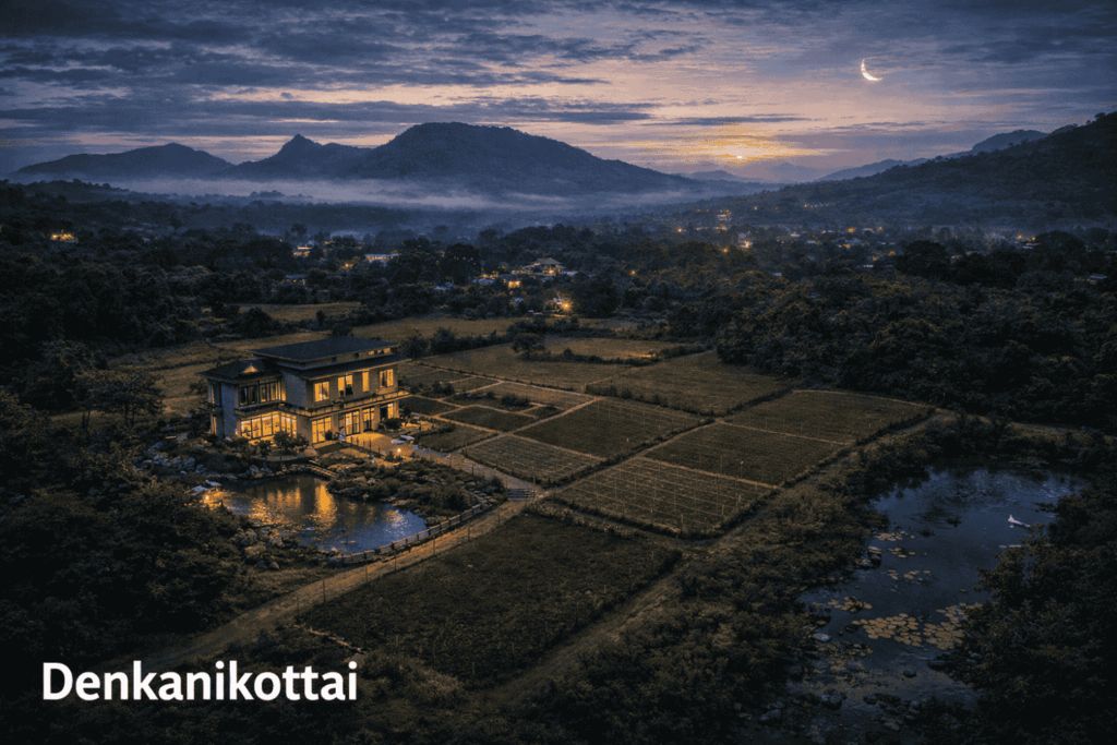 Vastu Consultant Bangalore – Denkanikottai landscape with plotted land, greenery and developing residential areas.